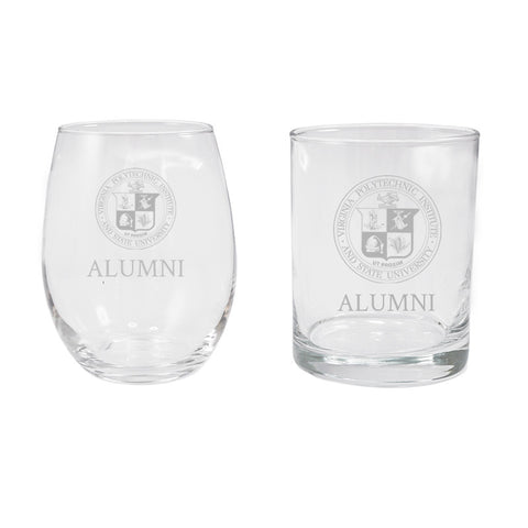 Virginia Tech Seal Alumni Gift Box Set with Stemless Wine and Rocks Glass