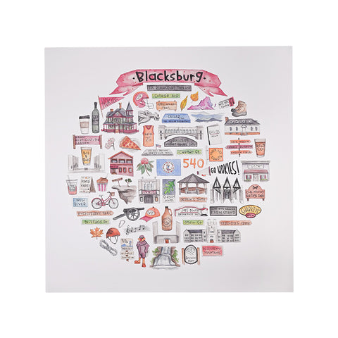 Blacksburg Icons Watercolor Print 12 X12