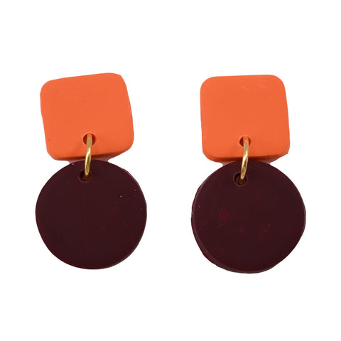 Maroon and Orange Clay Square Earrings