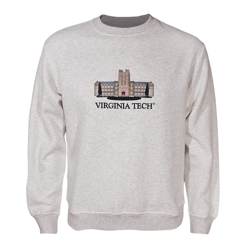 Virginia Tech Burruss Hall Embroidered Crew Sweatshirt: Ash Gray by College Traditions