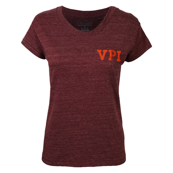 Virginia Tech Women s Triumph Vault VPI V Neck T Shirt Maroon by Cham Campus Emporium