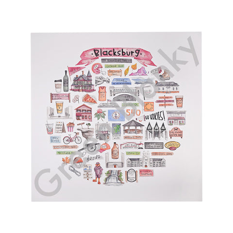 Blacksburg Icons Watercolor Print 12 X12