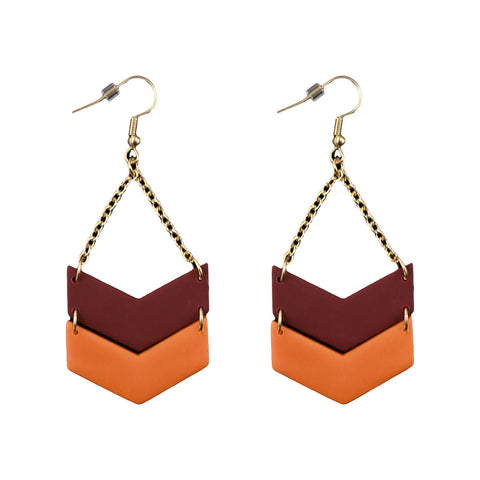 Maroon and Orange Chevron Chain Earrings