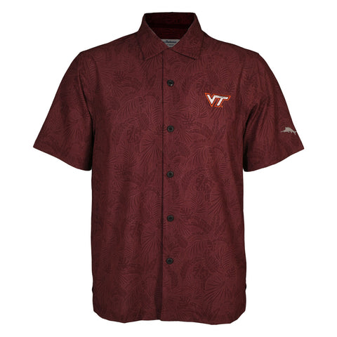 Virginia Tech Men's Bahama Coast Saltwater Frond Camp Shirt: Maroon Berry by Tommy Bahama