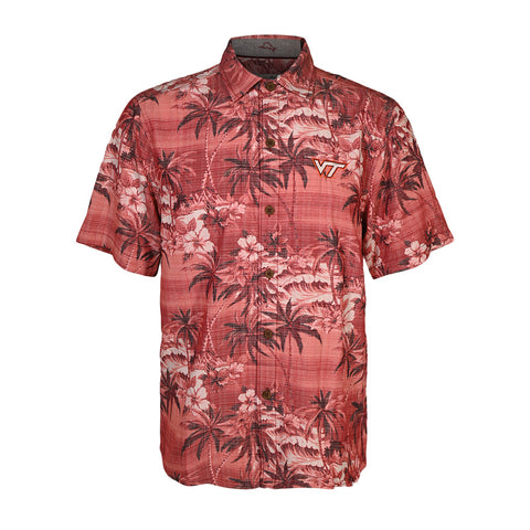 Virginia Tech Men's Coconut Point Island Palmetta Camp Shirt: Maroon Berry by Tommy Bahama