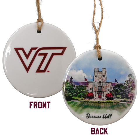 Virginia Tech Round Ceramic Scene Ornament: Burruss Hall