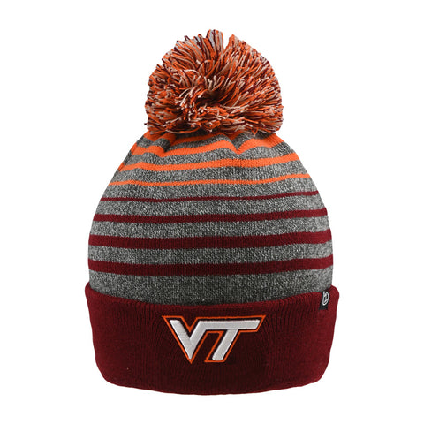 Virginia Tech Stripe Knit Beanie w/Pom: Gray/Maroon/Orange