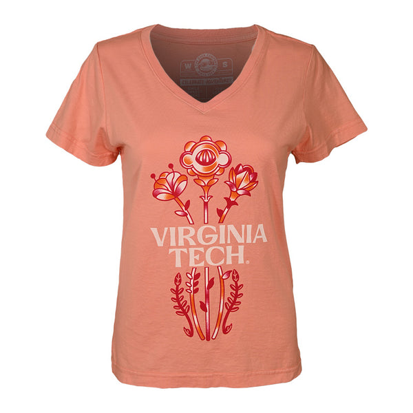 Virginia Tech Women's Floral V-Neck T-Shirt: Dusty Peach – Campus Emporium