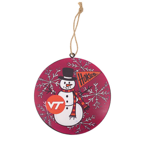 Virginia Tech Round Metal Snowman Ornament