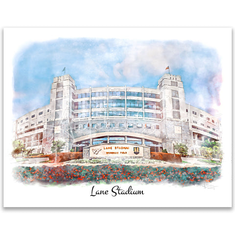 Tech Landmarks Watercolor Print: Lane Stadium