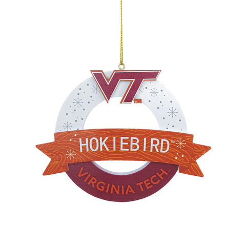 Virginia Tech Wood Wreath w/ Banner Ornament